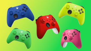 Blue Xbox controller, Red Xbox controller, Atomic Xbox controller, Deep pink Xbox controller and Green Xbox controller