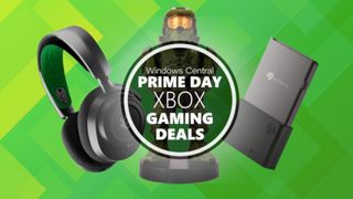 Amazon Prime Day logo with Xbox accessories including headset, SSD and Master Chief Cable Guy